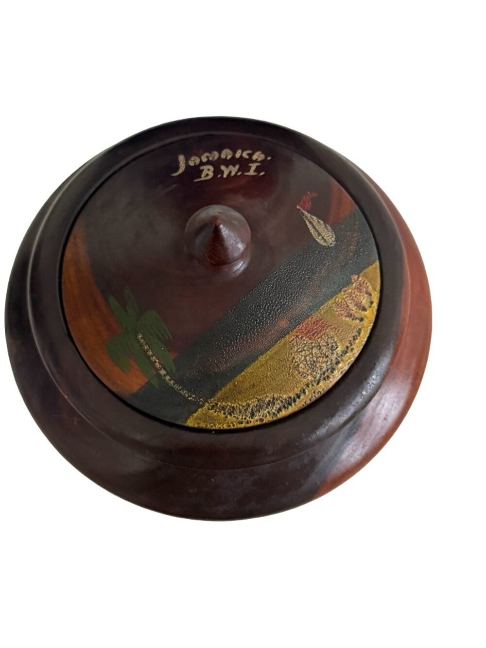 Vintage Jamaica B.W.I. Hand Painted Wooden Lidded Trinket Bowl Tropical Island D